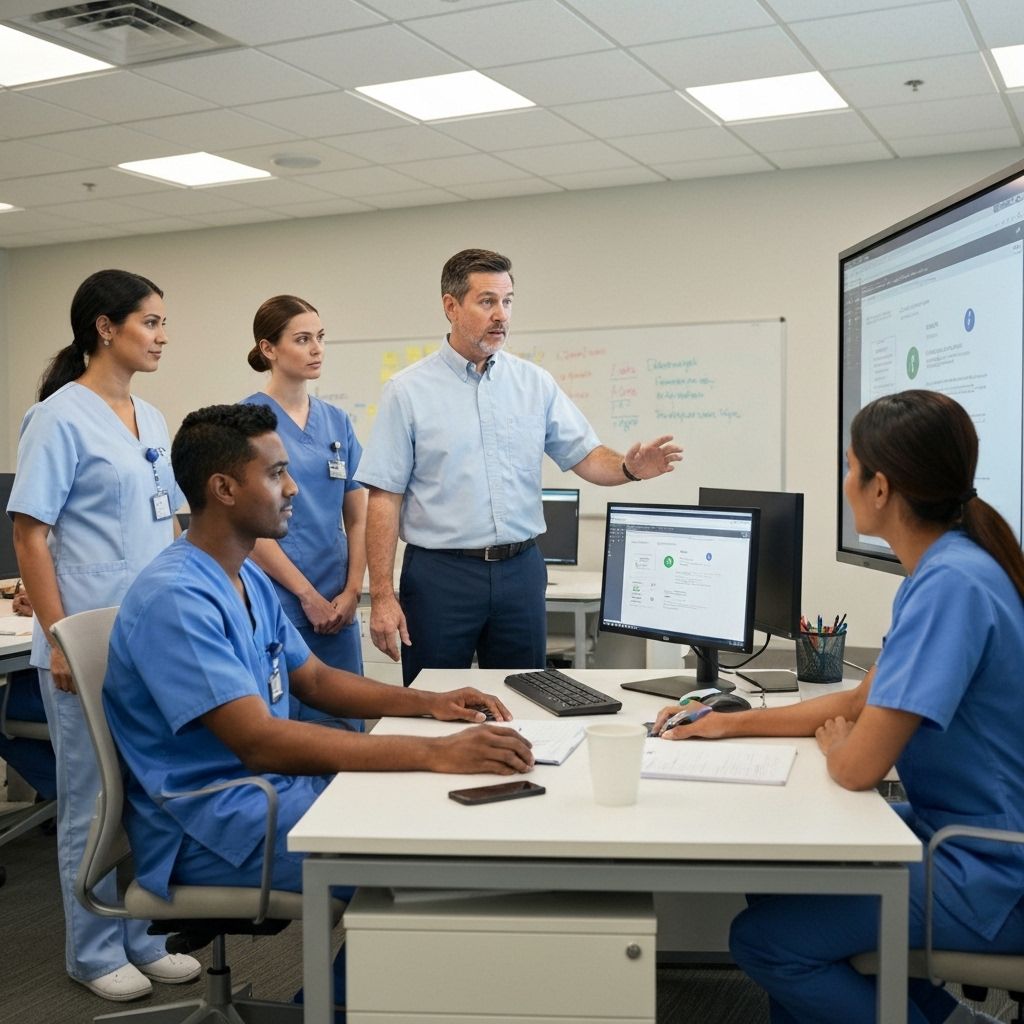 IT expert helping healthcare staff with system implementation